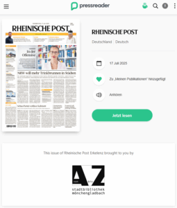 Screenshot von pressreader.com mit der Vorderseite der Rheinischen Post vom 17.07.2025