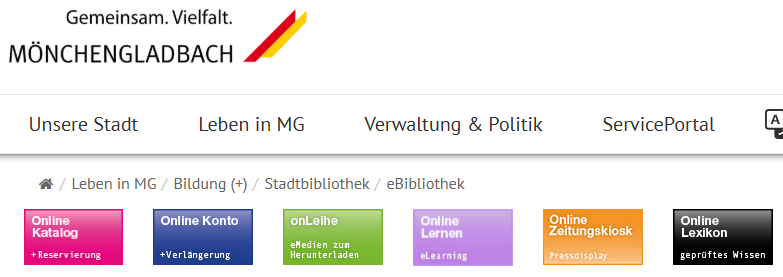 Screenshot eBibliothek Mönchengladbach
Farbige Buttons verweisen auf die Angebote Online-Katalog (+Reservierung), Online-Konto (+Verlängerung), onLeihe (eMedien zum Herunterladen), Online Lernen, Online-Zeitungskiosk und Online-Lexikon