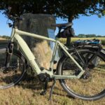 Foto eines E-Bikes von Flyer, Modell "Upstreet 7.43" in der Farbe "Frosty Sage" vor einem Findling und einem Baum
