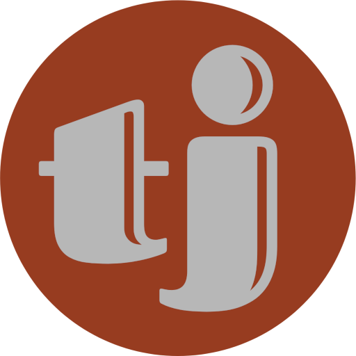 Icon mit Text "tj" in hellgrau auf einem dunkelroten Kreis